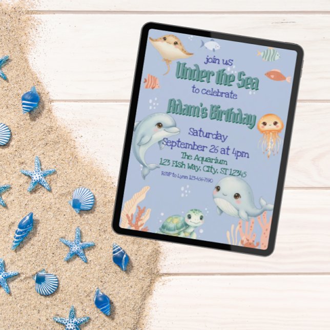Invitación Cute, Azul, Bajo el Mar Cumpleaños (Subido por el creador)