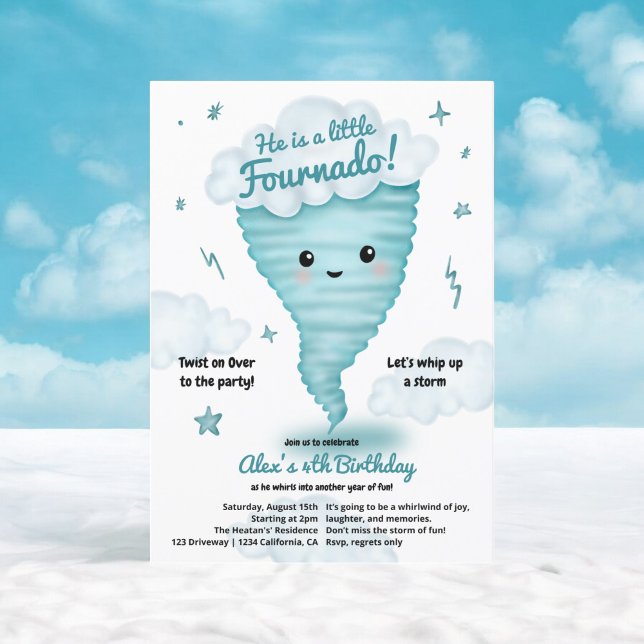 Invitación Cute azul Tornado Tema 4 de cumpleaños fiesta de n (Cute blue Tornado Themed 4th Birthday Kids party Invitation)