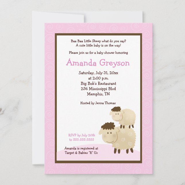 Invitación Cute Baa Sheep 5x7 Baby Shower Invitar a rosa (Anverso)