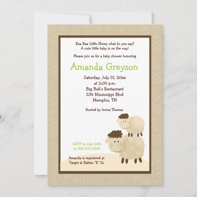 Invitación Cute Baa Sheep 5x7 Baby Shower Invitar Neutral (Anverso)