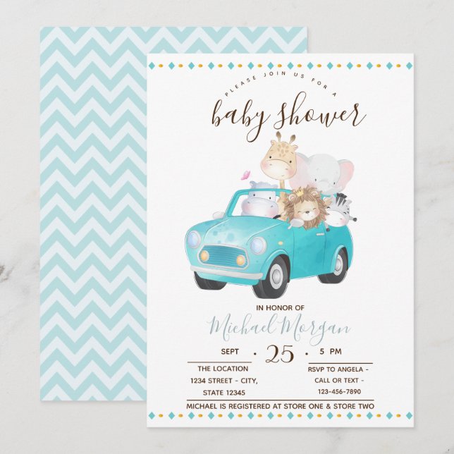 Invitación Cute Baby Animals Car, Zigzag Baby Shower (Anverso / Reverso)
