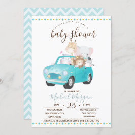 Invitación Cute Baby Animals Car, Zigzag Baby Shower