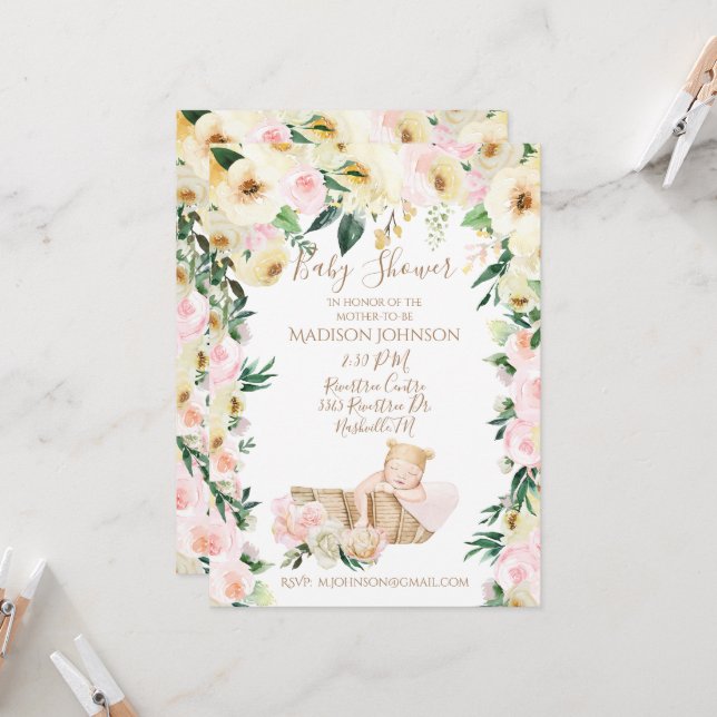 Invitación Cute Baby Basket Floral Baby Shower (Anverso/Reverso In Situ)