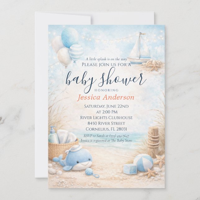 Invitación Cute Baby Blue Coastal Nautical Whale Baby Shower (Anverso)