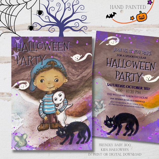Invitación Cute Baby boo, cat & Boy Halloween Party  (Cute Baby boo, cat & Boy Halloween Party Invitation)