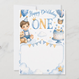 Invitación Cute Baby Boy 1st Birthday Invitation Watercolor