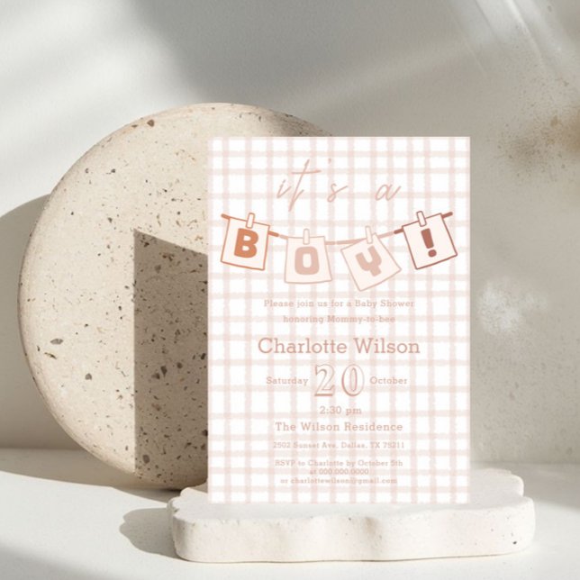 Invitación Cute Baby Boy Shower Brown Gingham (Subido por el creador)