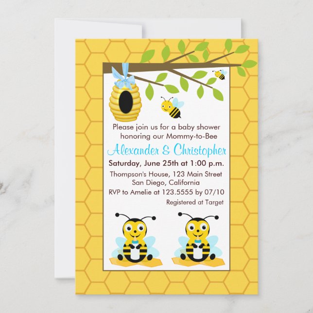 Invitación Cute Baby Bumblebee Twin Boy Baby Shower (Anverso)