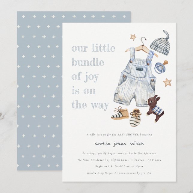 Invitación Cute Baby Clothes Essentials Blue Boy Baby Shower (Anverso / Reverso)