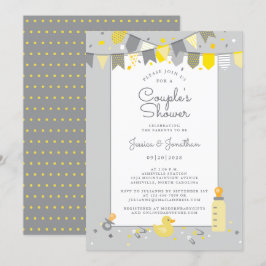 Invitación Cute Baby Couples Ducha Banner Amarillo Gris Moder