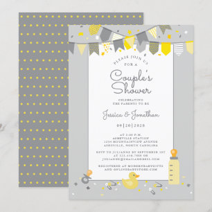 Invitación Cute Baby Couples Ducha Banner Amarillo Gris Moder