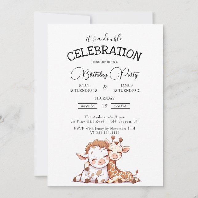 Invitación Cute Baby Cow y Giraffe Fiesta de cumpleaños doble (Anverso)