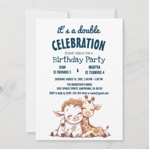 Invitación Cute Baby Cow y Giraffe Fiesta de cumpleaños doble