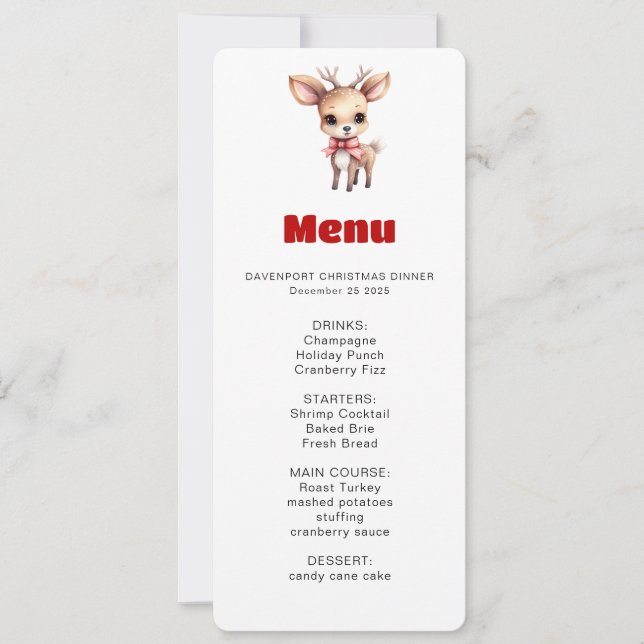 Invitación Cute Baby Deer Cartoon Illustration Menu (Anverso)