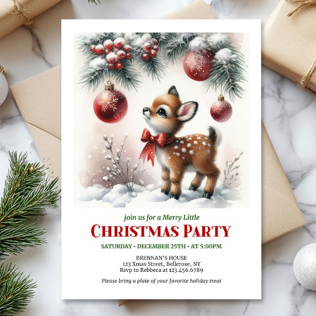 Invitación Cute baby deer Christmas kids invite editable card (Cute baby deer watercolor Christmas invite red green white)
