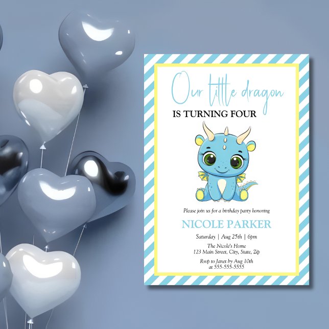 Invitación Cute Baby Dragon Blue Stripes Cumpleaños (Subido por el creador)
