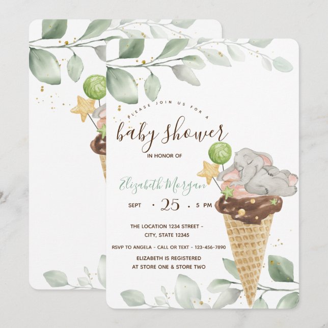 Invitación Cute Baby Elephant Helado Baby Shower (Anverso / Reverso)