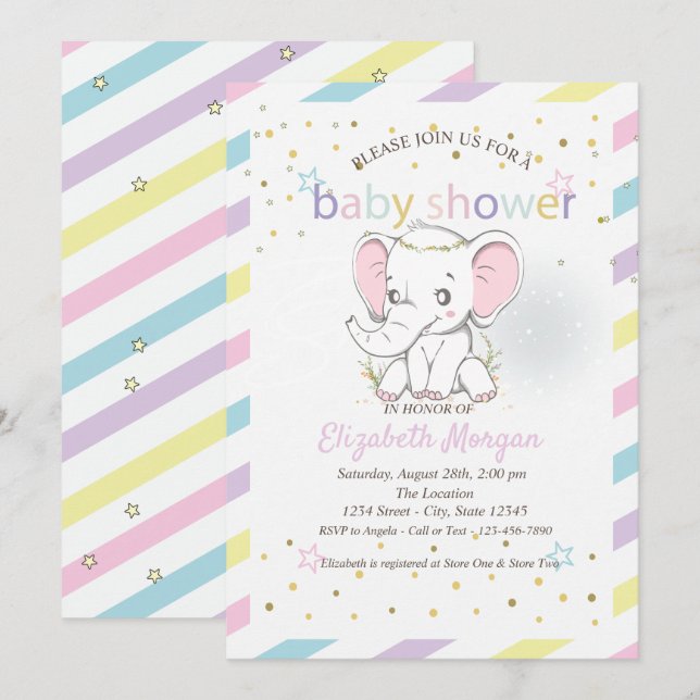 Invitación Cute Baby Elephants Stars Baby Shower (Anverso / Reverso)