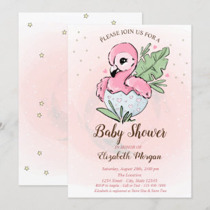 Invitación Cute Baby Flamingo Rosa Estrellas Baby Shower 