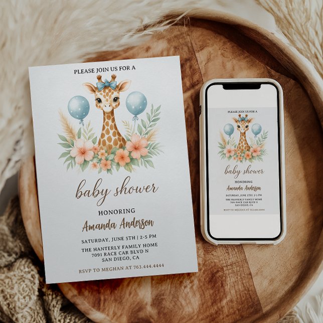 Invitación Cute Baby Giraffe Boy Baby Shower | Blue Safari (Subido por el creador)