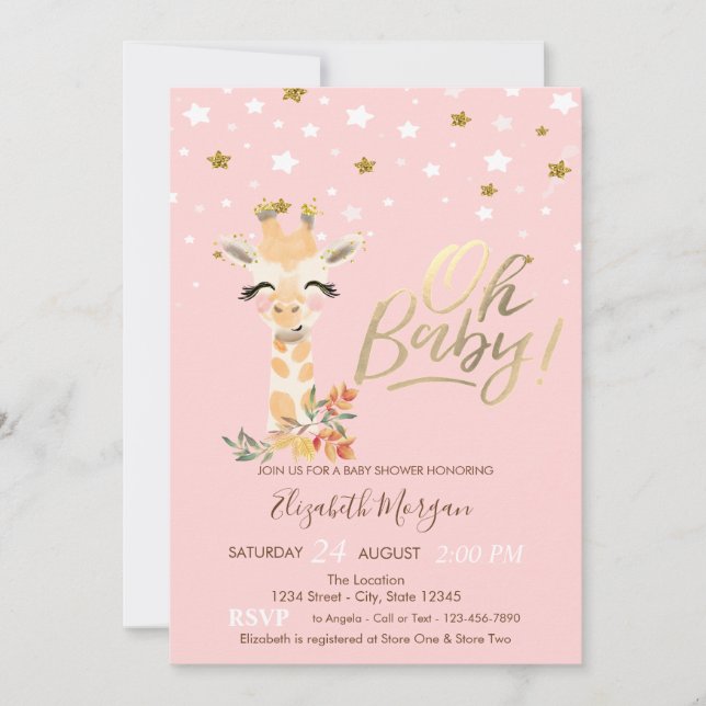 Invitación Cute Baby Giraffe Stars Baby Shower (Anverso)