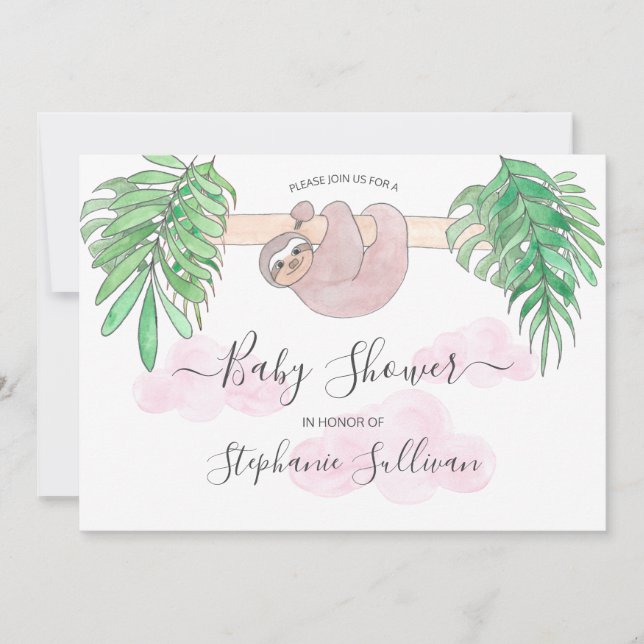 Invitación Cute Baby Girl Sloth Baby Shower (Anverso)