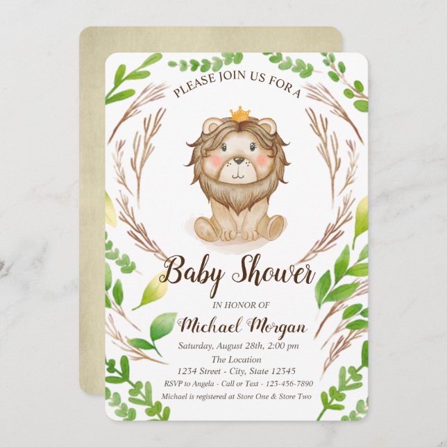 Invitación Cute Baby Lion Crown Leones (Anverso / Reverso)