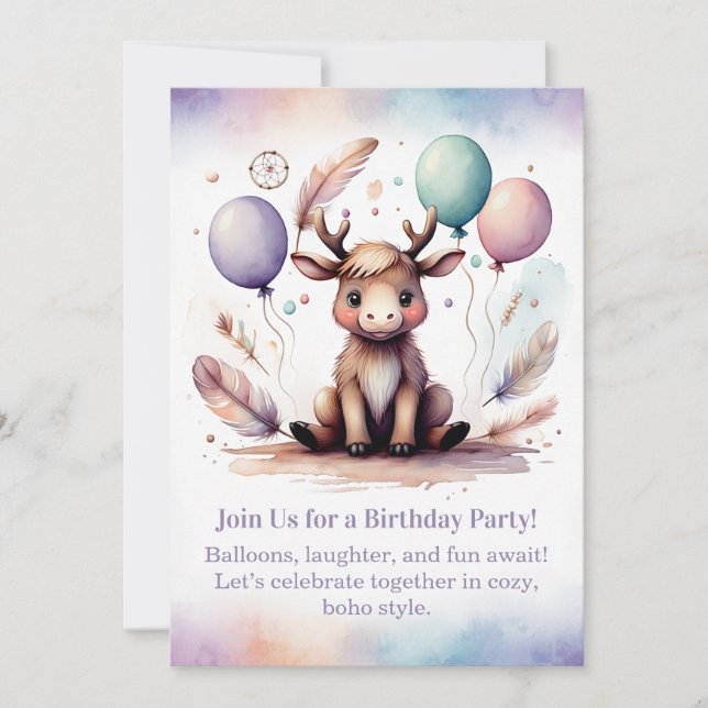 Invitación Cute baby Moose Birthday Invitation Woodland Boho  (Anverso)