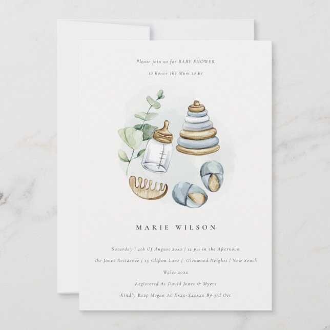 Invitación Cute Baby Nursery Essential Blue Boy Baby Shower (Anverso)