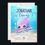 Invitación Cute Baby Octopus Watercolor Kids Cumpleaños<br><div class="desc">Invitación de cumpleaños a niños con color de pulpo lindo bebé</div>