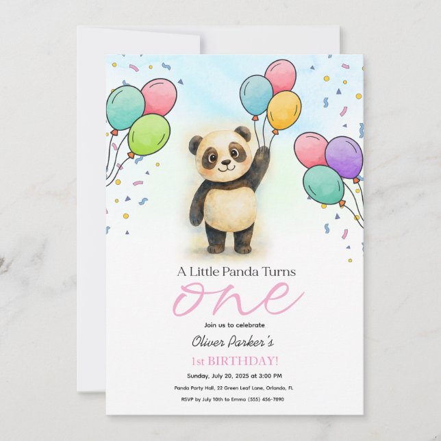 Invitación Cute Baby Panda Balloon 1st Birthday Party Pink (Anverso)