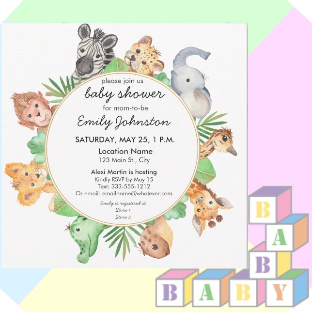 Invitación Cute Baby Safari Animals Square Baby Shower (Subido por el creador)