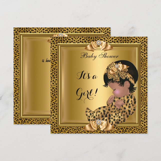 Invitación Cute Baby Shower Baby Girl Leopard Gold (Anverso / Reverso)