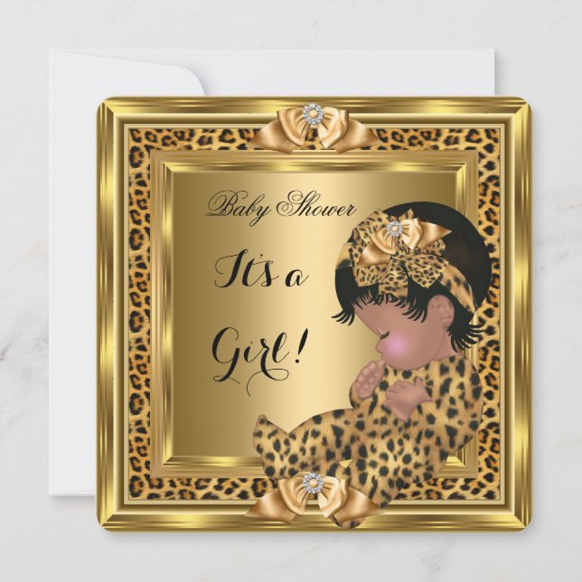 Invitación Cute Baby Shower Baby Girl Leopard Gold Frame (Anverso)