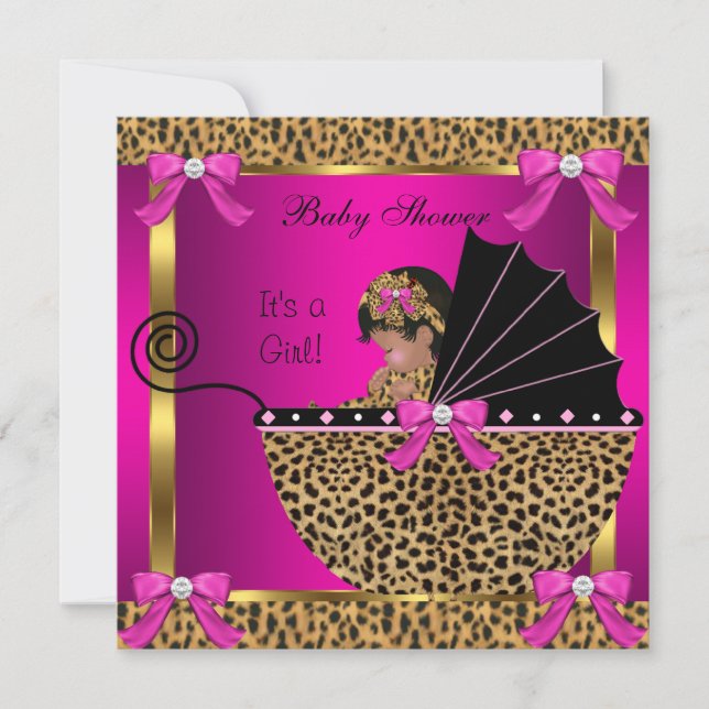 Invitación Cute Baby Shower Baby Girl Leopard Pink Gold (Anverso)