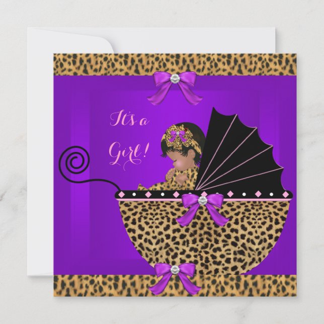 Invitación Cute Baby Shower Baby Girl Leopard Purple (Anverso)