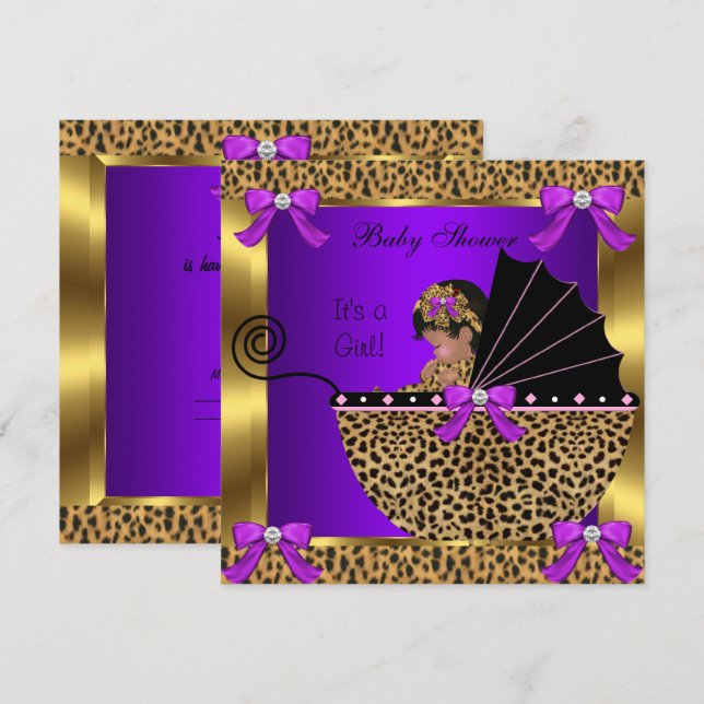 Invitación Cute Baby Shower Baby Girl Leopard Purple Gold (Anverso / Reverso)
