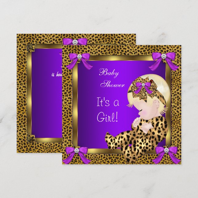 Invitación Cute Baby Shower Baby Girl Leopard Purple Gold 3 (Anverso / Reverso)
