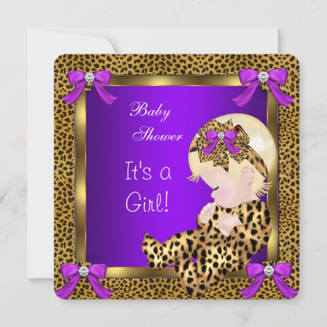 Invitación Cute Baby Shower Baby Girl Leopard Purple Gold 3 (Anverso)