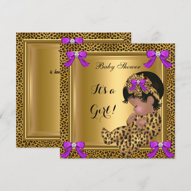Invitación Cute Baby Shower Baby Girl Leopard Purple Gold 4 (Anverso / Reverso)
