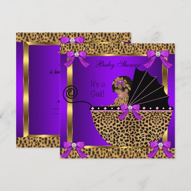 Invitación Cute Baby Shower Baby Girl Leopard Purple Pink (Anverso / Reverso)