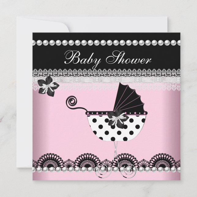 Invitación Cute Baby Shower Baby Girl Pink Black Pearl (Anverso)