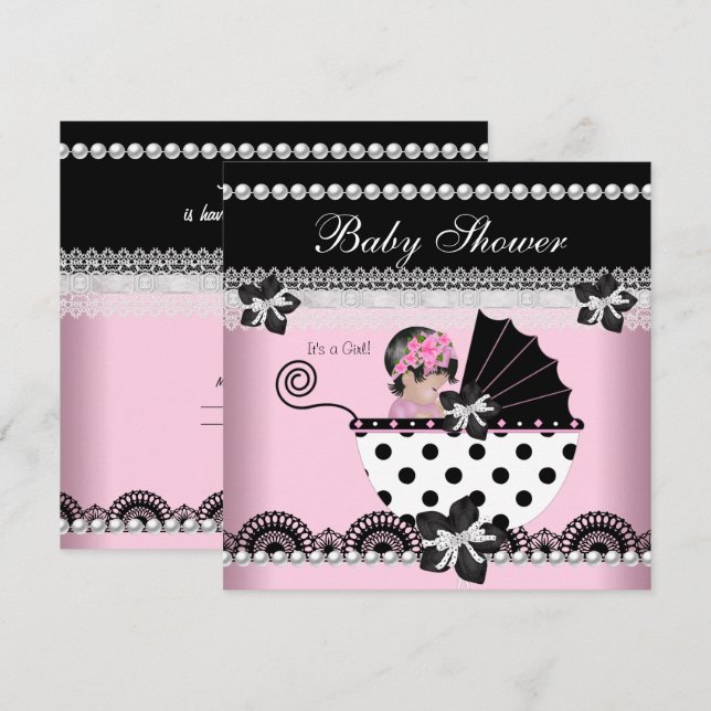 Invitación Cute Baby Shower Baby Girl Pink Black Pearl (Anverso / Reverso)