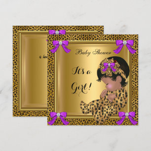 Invitación Cute Baby Shower Bebé Niña Leopardo Púrpura Oro 4