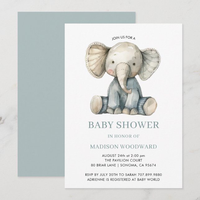 Invitación Cute Baby Shower Blue Plush Toy Elephant (Anverso / Reverso)