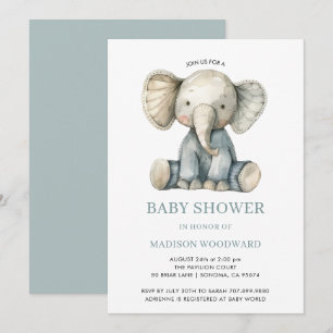 Invitación Cute Baby Shower Blue Plush Toy Elephant