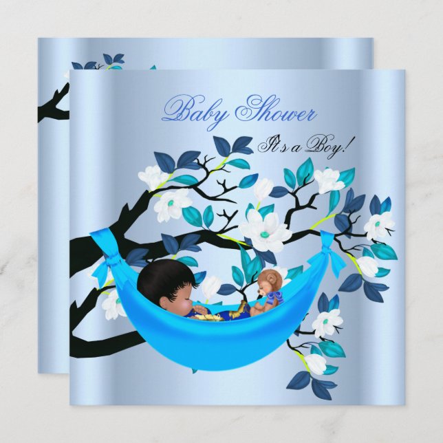 Invitación Cute Baby Shower Boy Baby Blue Hammock (Anverso / Reverso)