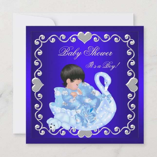 Invitación Cute Baby Shower Boy Baby Royal Blue Swan (Anverso)