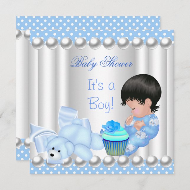 Invitación Cute Baby Shower Boy Blue cupcake Spots (Anverso / Reverso)