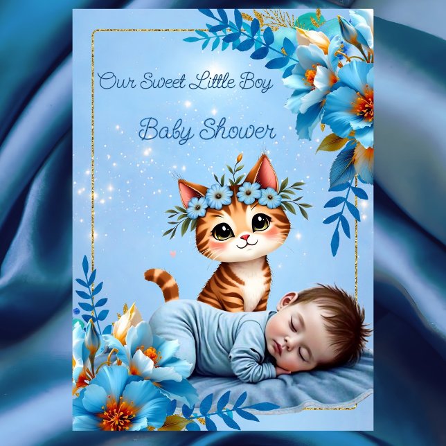 Invitación Cute Baby Shower Boy Blue Little Cat Kitten (Subido por el creador)